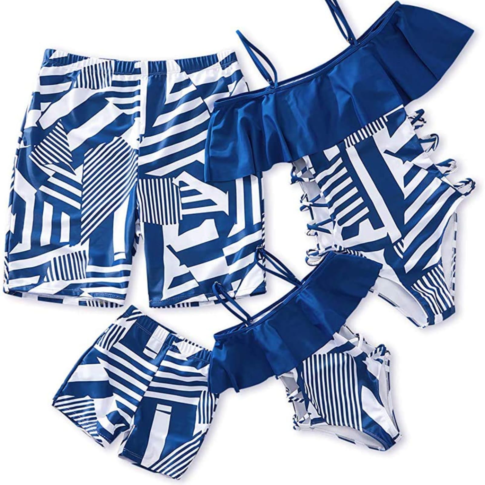 IFFEI Family Matching Swimsuits One Piece Blue Irregular Printed Bathing Suits Family Matching Swimwear Boys: 4-5 Years