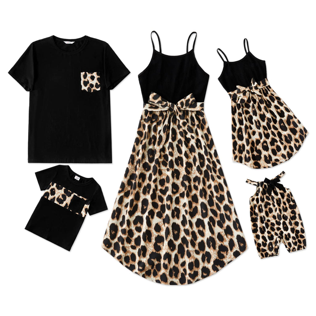 PATPAT Matching Family Outfits Mommy and Me Leopard Print Spaghetti Strap Splicing Belted Casual Sleeveless Ruffle Dresses and Short-Sleeve T-Shirts Sets Black Toddler Boy 2 Years