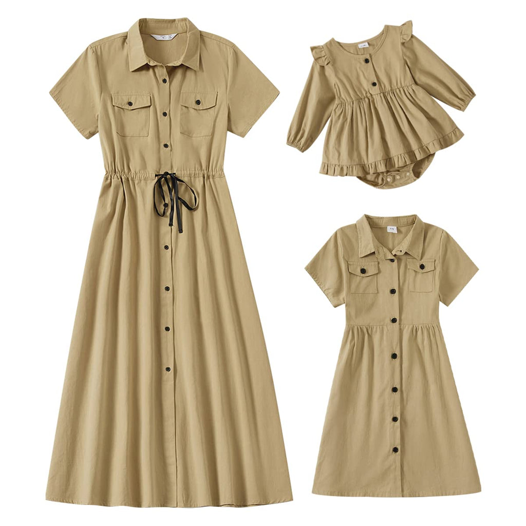 Mommy and Me Matching Dresses Polka Dot Leopard Floral Printed Ruffled Sleeveless Midi Beach Dress Adjustable Drawstring or Lace-Up Straps Summer Mom Daughter Matching Outfits Khaki Beige 6-7 Years